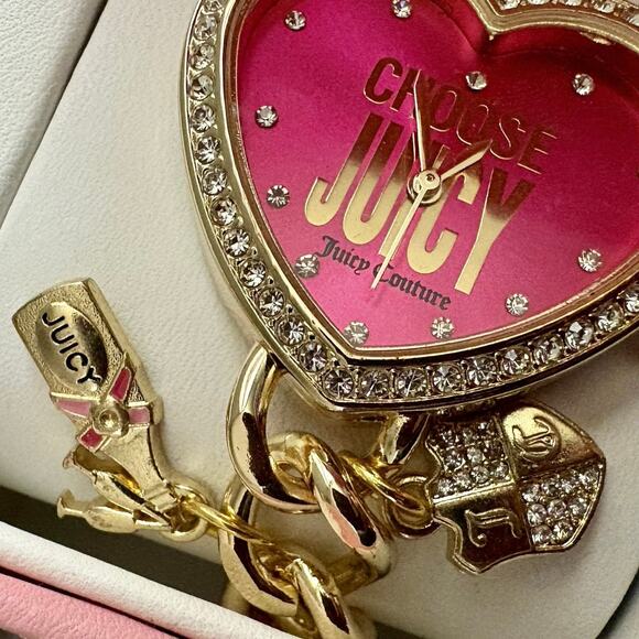 NIB JUICY COUTURE Gold Pink Rhinestone Heart Watch Charm Bracelet Crest Key GIFT - Picture 7 of 16